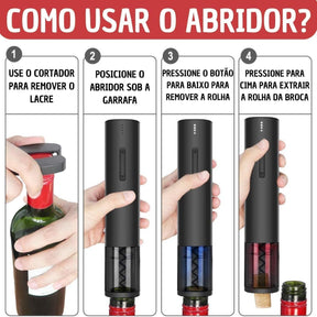 Kit Abridor de Vinho Automático c/ Saca Rolhas, Cortador, Tampa a Vácuo, Bico Corta Gotas